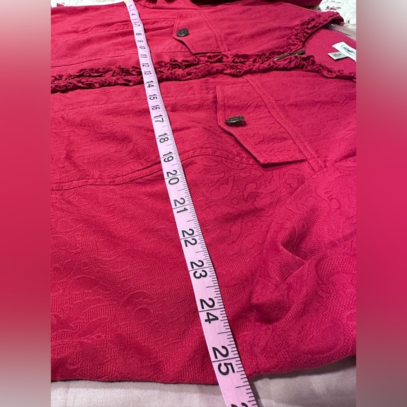COLDWATER Creek Red Damask Zip Jeans Jacket With Ruffle Trim sz 2X - Picture 6 of 8